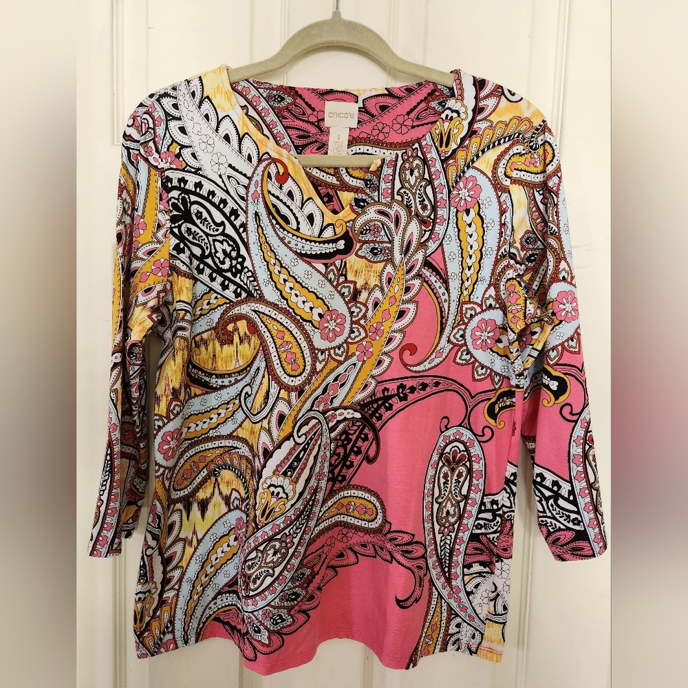 Chico's Size 1 (medium) Pink and Yellow Cotton Blend Paisley Top